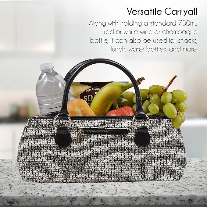 Wine Clutch Bag (Thermal Insulated) Trendy Women’s Carry Tote | Holds Red & White 750mL Bottles | Trendy Fashion | Incl. Portable Waiter-Style Corkscrew (Black Tweed)