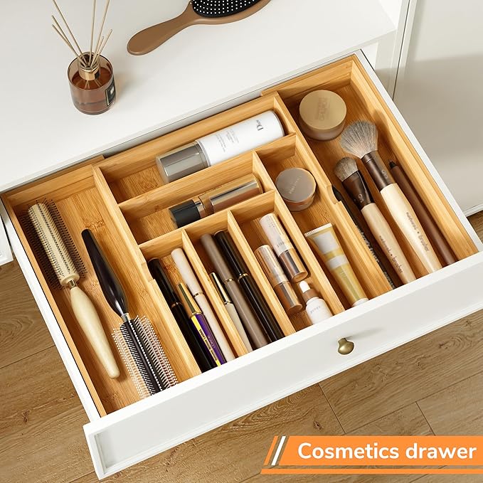 BAMEOS 3" Deepth Expandable Drawer Organizer, Deep Flatware Organizer, Adjustable Silverware Organizer, Bamboo Drawer Organizer for Kitchen, Bathroom (Natural)