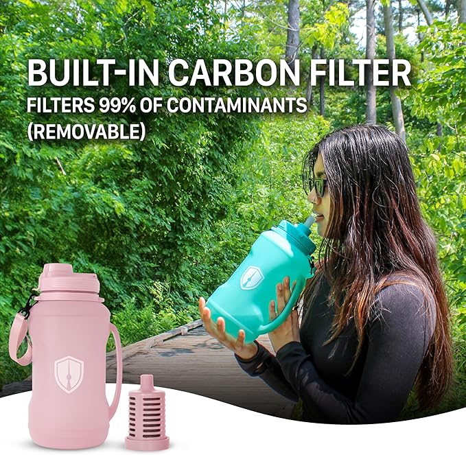 Collapsible Water Bottle for Traveling, Workout or Hiking 64oz Gen 2.0 - Motivational Water Bottle with Time Markings - Half Gallon / 2 L Capacity - BPA Free & Dishwasher Safe (Fruity Pink + Filter)