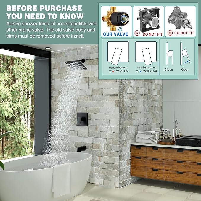 Alesco Shower Faucet Set, Black Tub Shower Faucet with 8-Inch Showerhead and Bathtub Spout, Showerhead and Handle Set Include Valve and Trim Kit, Matte Black