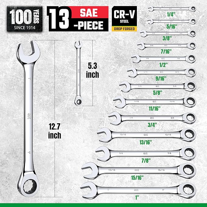 SK Ratcheting Wrench Set, Combination Wrench Set, 13-Piece, SAE 1/4" to 1", 72-Tooth, Premium CR-V Construction, with Rack Organizer
