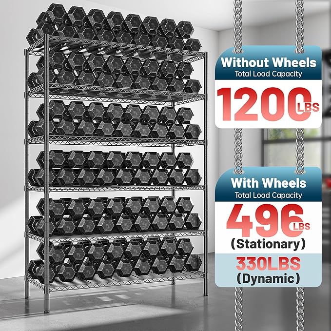 82" H X45 W X18 D Storage Shelves with Wheels, 6 Tier Wire Shelving Adjustable Metal Shelving Pantry Shelves Capacity 1200LBS for Garage Shelving, Pantry, Kitchen, Closet, Black,2P