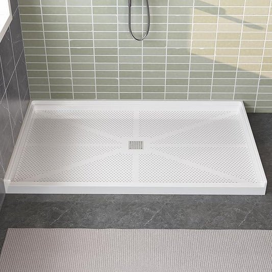 60"×36" Shower Base with Central Drain - Heavy-Duty Solid Surface Construction, 3" Barrier-Free Threshold & Slip-Resistant Textured Floor