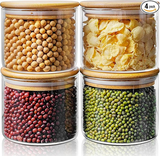 17oz - 4 Pack Glass Jars with Bamboo Lids, Glass Food Storage Containers with Airtight Lids, Air Tight Pantry Storage Containers for Coffee, Sugar, Spice, Meal Prep Jars for Salad & Fruit
