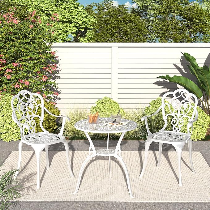 Patio Bistro Set of 2, Cast Aluminum, Outdoor Set w/Umbrella Hole, 3 Piece Table and Chairs Set, Bistro Set for Backyard/Garden/Lawn, White