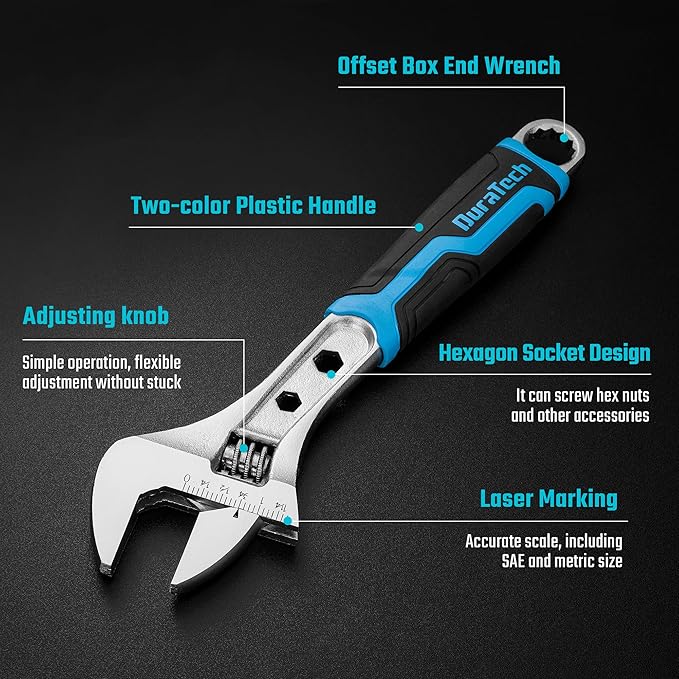 DURATECH 10 Inch Adjustable Wrench, 3-in-1 Spanner with Box End/Hex Function, CR-V Steel, Metric & SAE Scales, Chrome-plated, Bi-material soft Grip
