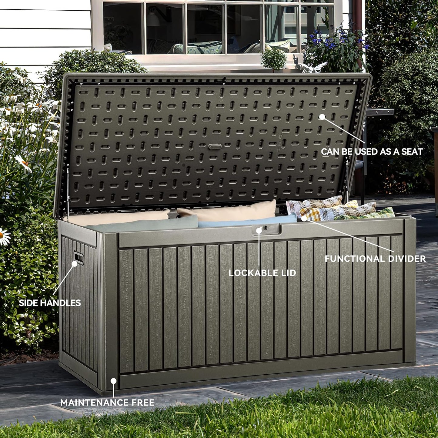 YITAHOME 260 Gallon Extra Large Deck Box, Double-Wall Resin Outdoor Storage Box with Flexible Divider for Patio Cushions Garden Tools, 1000lbs Load Capacity, Lockable & Waterproof (Light Brown)