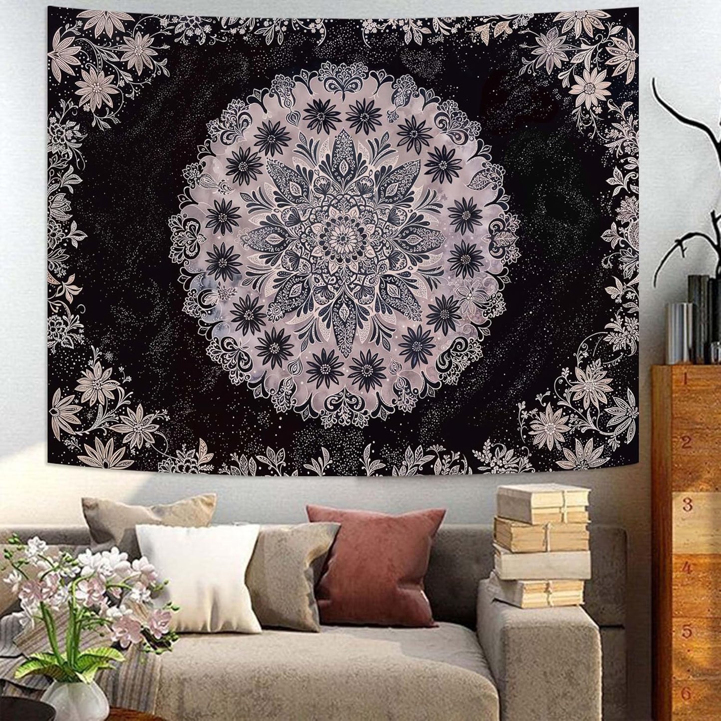 Fowocu Boho Floral Mandala Tapestry Wall Hanging Grey Bohemian Flower Medallion Tapestry Aesthetic Gray Black Hippie Indian Small Tapestries for Bedroom Living Room Dorm Decor 60 x 44 Inch