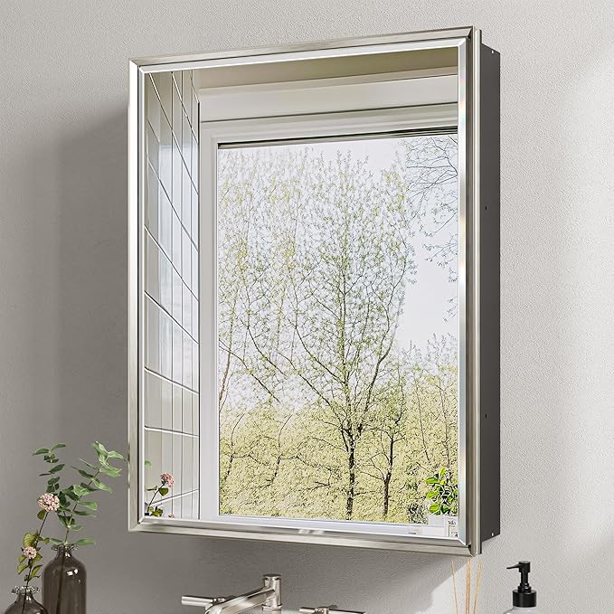 20''x 26'' Brushed Nickel Medicine Cabinet, Recessed or Surface Framed Medicine Cabinet with Beveled Mirror Pre-Assembled, Reversible Bathroom Storage Vanity Cabinet with Adjustable Shelves