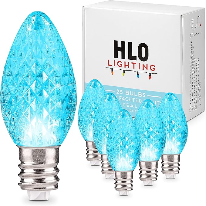 Holiday Lighting Outlet Faceted C7 Christmas Lights | Teal LED Light Bulbs Holiday Decoration | Warm Christmas Decor for Indoor & Outdoor Use | 2 SMD LEDs in Each Light Bulb | Set of 25