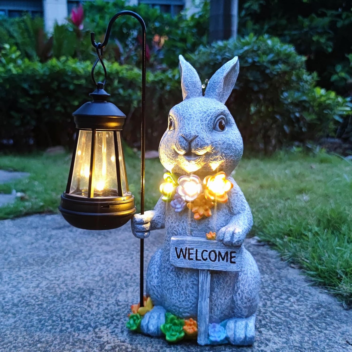 Rabbit Solar Lights Lantern Garden Statues with Succulent and 4 LED Lights - Outdoor Bunny Welcome Figurines Decorations for Patio Yard Lawn Ornaments Gifts for Birthday Easter Housewarming