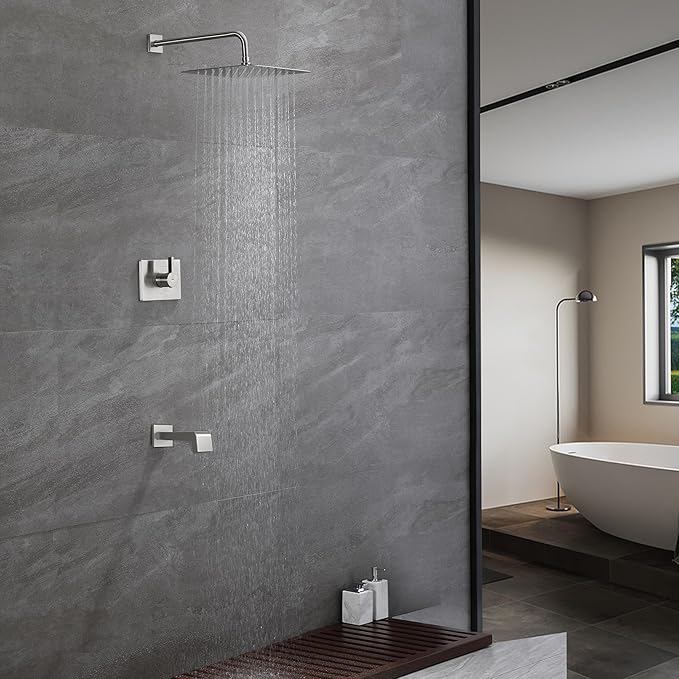 Rain Shower System with Waterfall Tub Spout 2 Function Brushed Nickel Shower Faucet Set Contain 12 Inch Shower Head and Tub Spout Trim Kit (Valve Included)