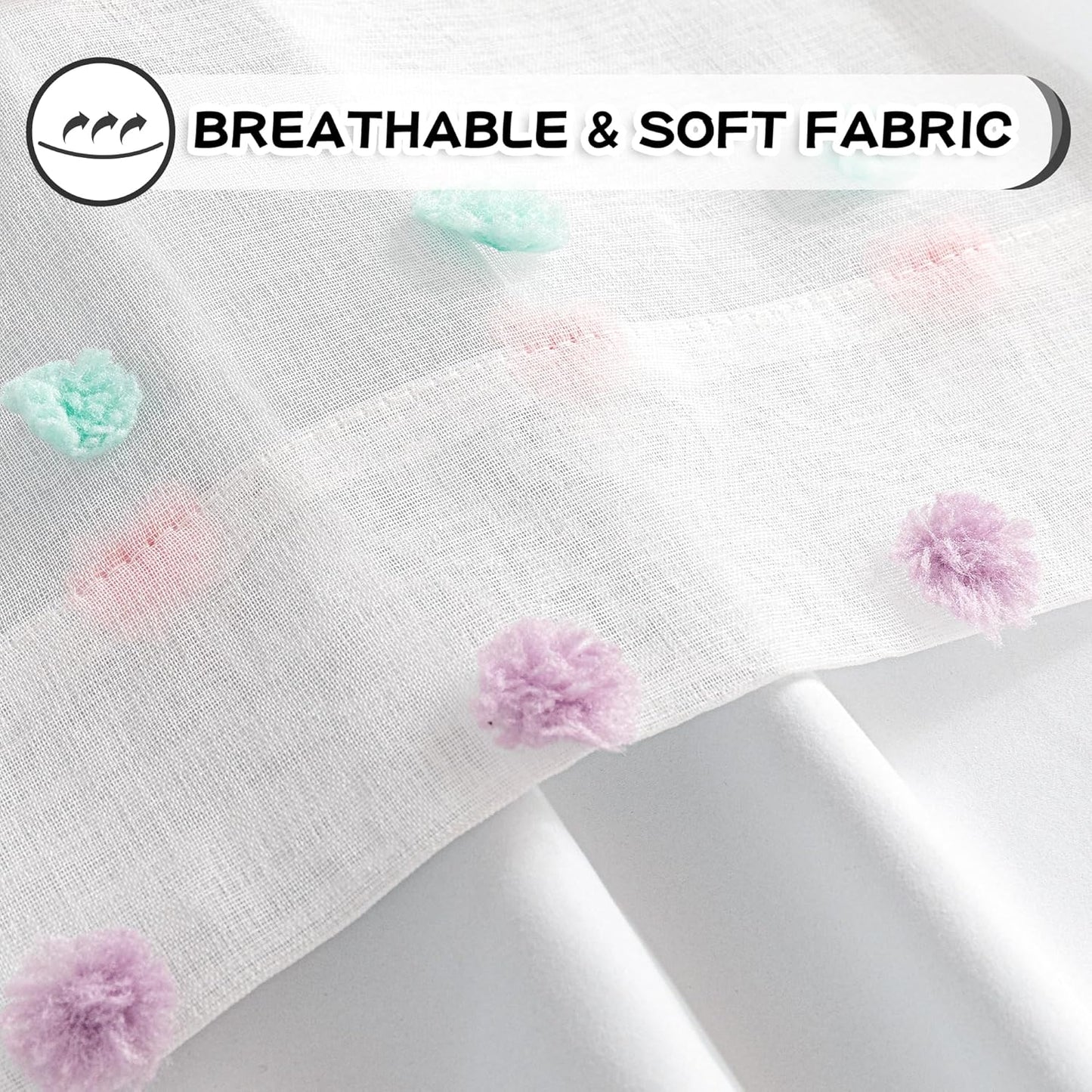 MYSKY HOME Total Blackout Curtains for Kids Bedroom Nursery Curtains 100% Light Block Doubled Curtains with Rainbow Pom Pom Sheer Window Drapes for Kitchen Room Darkening Grommet Set of 2, 52 x 63 in