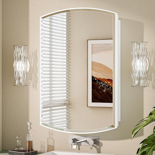 Keonjinn White Medicine Cabinet with Mirror 20” x 30”, Metal Framed Wall Cabinet with Beveled Mirror, Surface Mount or Recessed Medicine Cabinet for Bathroom, Bathroom Mirror with Storage