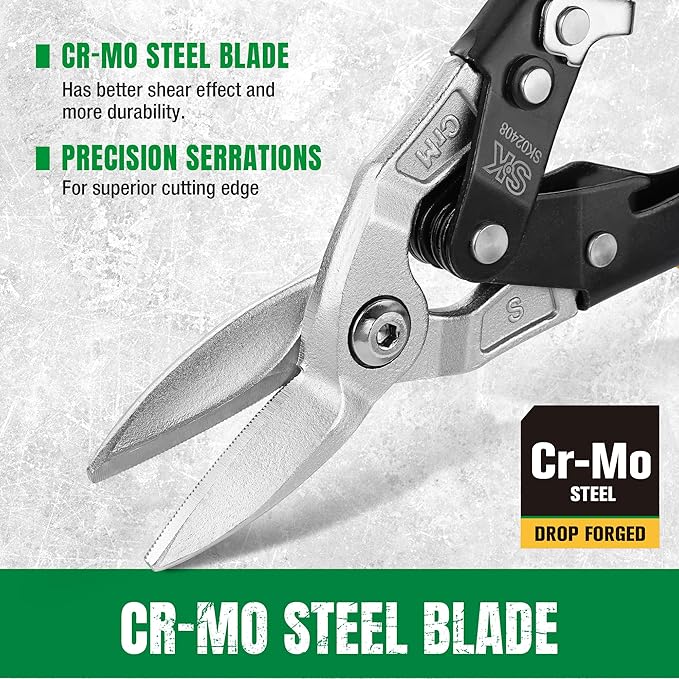 SK 10 Inch Aviation Tin Snips, Straight Cut, Cr-Mo Steel Blade, Anti-slip Handle and Safety Latch, for Cutting Sheet Metal
