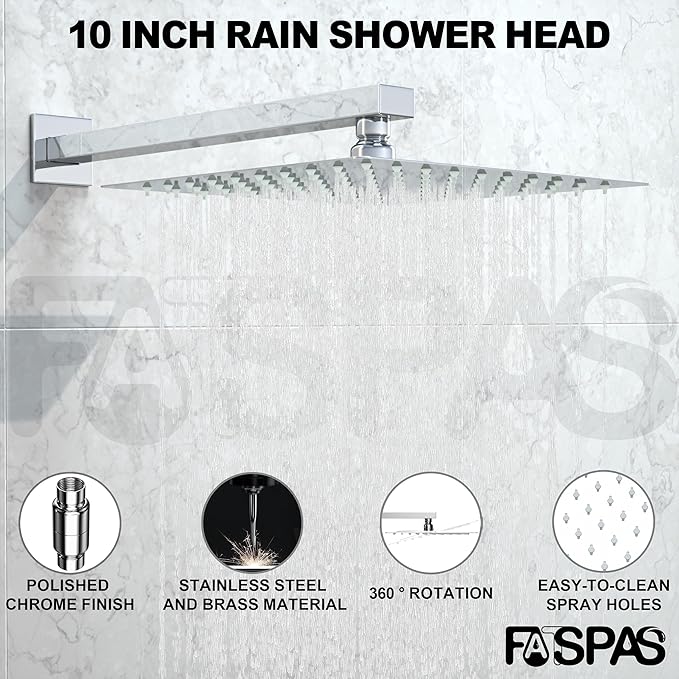 Shower Faucet Set, Shower System with 10 Inch Rain Showerhead and Handheld Shower, Wall Mounted High-Pressure Showerhead Combo Set Included Valve and Trim, Polished Chrome