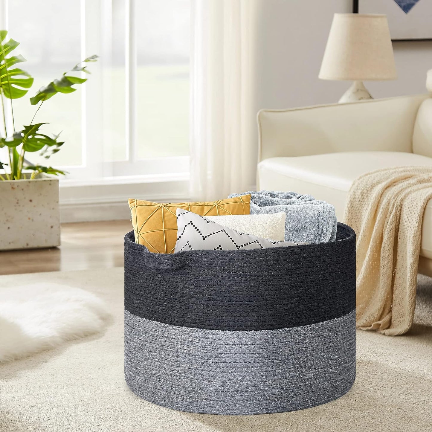 Ravinte Blanket Basket - 20"x 20"x 13" Cotton Rope Basket for Living Room, Baby Toy Storage Basket, Large Woven Laundry Basket (Black-Gray)