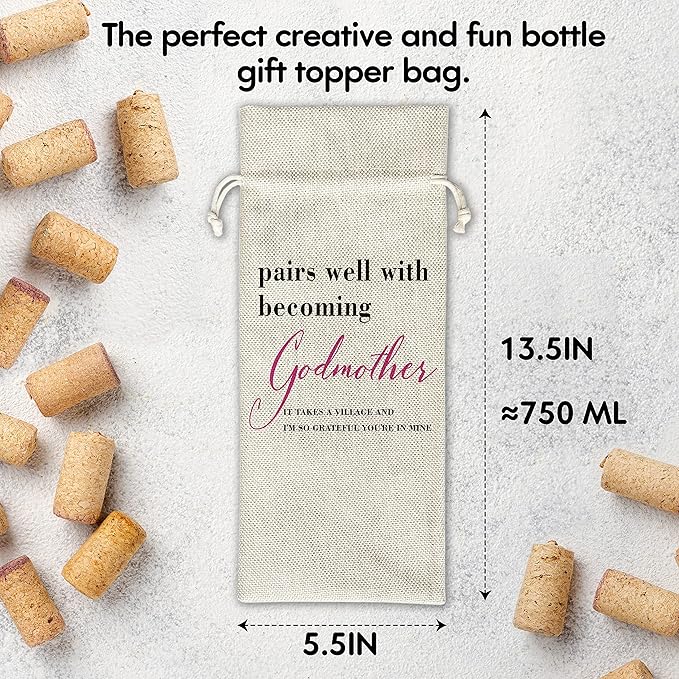 Godmother Wine Gift Bags - Gift for Godmother, Aunt, Godparent, Baptism - Reusable Burlap With Drawstring Gift Bag (5.5"x 13.5")-1 Pcs/jiu070