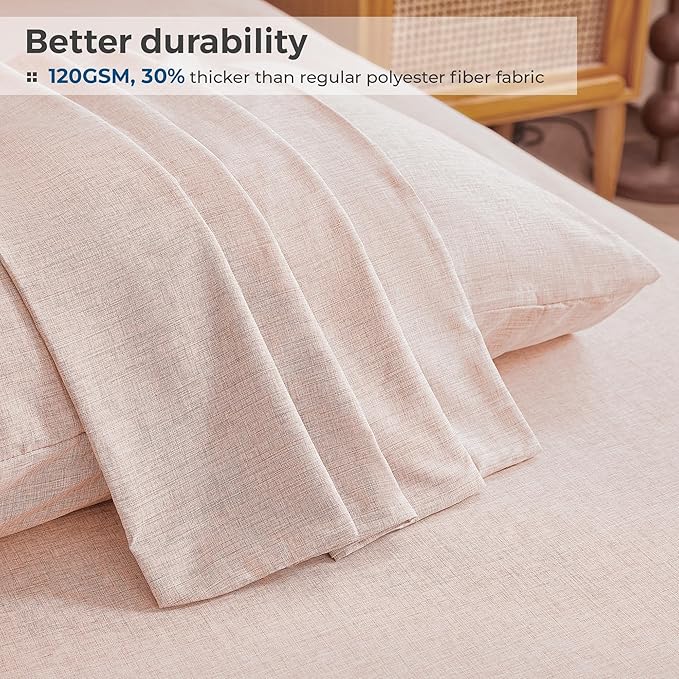 Full Sheets Light Pink, Ultral Soft Cationic Linen Look Sheets, Luxury Cooling Cozy Bed Sheet Set with Non-Slip Fitted Sheet