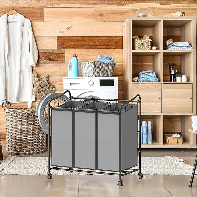 Simple Houseware Heavy Duty 3-Bag Laundry Sorter Rolling Cart, Dark Grey – Durable Triple Laundry Hamper with Removable Bags and Lockable Wheels for Efficient Laundry Organization