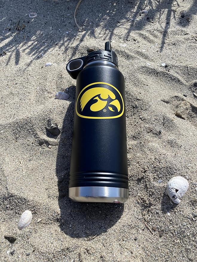 Game Day Outfitters University of Iowa 32oz Stainless Steel Double Walled Black Beverage Bottle with Flip Straw Spout - College Gear for Playoff Season – Show your Hawkeye Pride