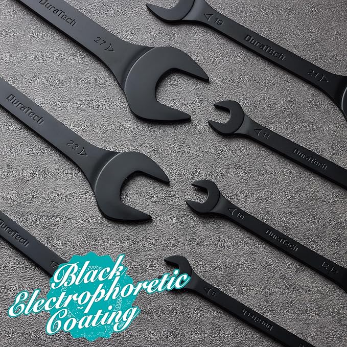 DURATECH Super-Thin Open End Wrench Set, Metric, 8-Piece, 5.5mm to 27mm, Black Electrophoretic Coating, with Rolling Pouch