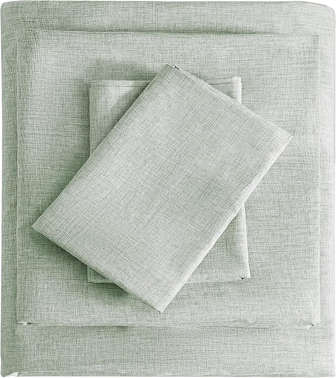 Full Sheets Sage Green, Ultral Soft Cationic Linen Look Sheets, Luxury Cooling Cozy Bed Sheet Set with Non-Slip Fitted Sheet