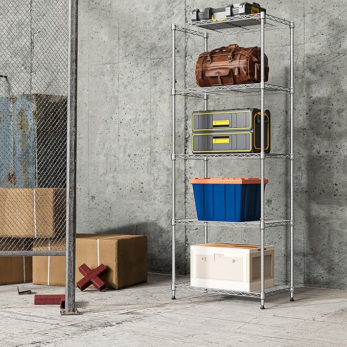 IZEUK 5-Tier Chrome Metal Storage Shelves, Adjustable Wire Shelving Unit for Kitchen, Bathroom, Pantry, Office, Garage, Organizer Wire Rack, 1250 lbs, 13.7" D x 23.6" W x 53.4" H
