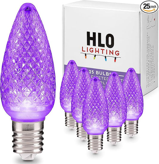 HLO Lighting Set of 25 Purple c9 Faceted LED Christmas Light Bulbs for Indoor & Outdoor Use | Durable Replacement Bulb