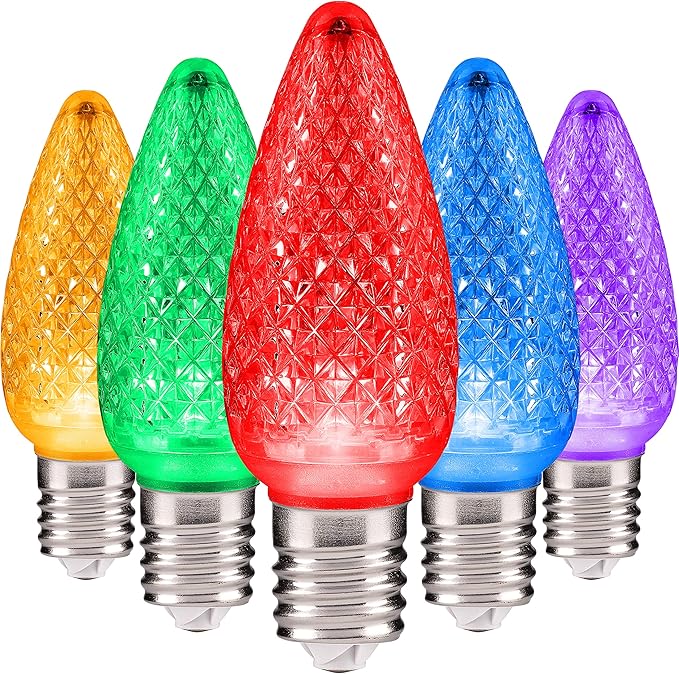 HLO Lighting C9 LED Christmas Lights, Faceted C9 Christmas Light Bulbs for Indoor & Outdoor Décor 25, Multi (R, G, B, Y, P)