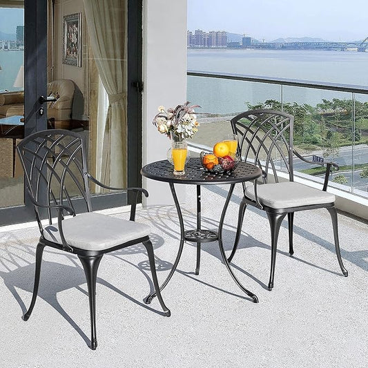 NUU GARDEN 3 Piece Bistro Table Set Cast Aluminum Outdoor Patio Furniture with Umbrella Hole and Grey Cushions for Patio Balcony, Black