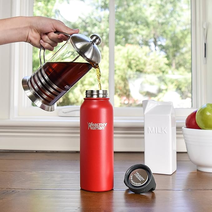 Healthy Human Stainless Steel Water Bottle | Double Walled Vacuum Insulated Water Thermos for Adults | Eco-Friendly Travel Bottles with Leak Proof Lid (Red Hot, 21 oz/ 621 ML)