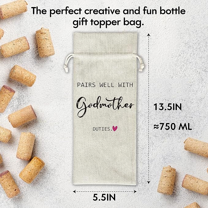 Godmother Wine Gift Bags - Gift for Godmother, Aunt, Godparent, Baptism - Reusable Burlap With Drawstring Gift Bag (5.5"x 13.5")-1 Pcs/jiu068