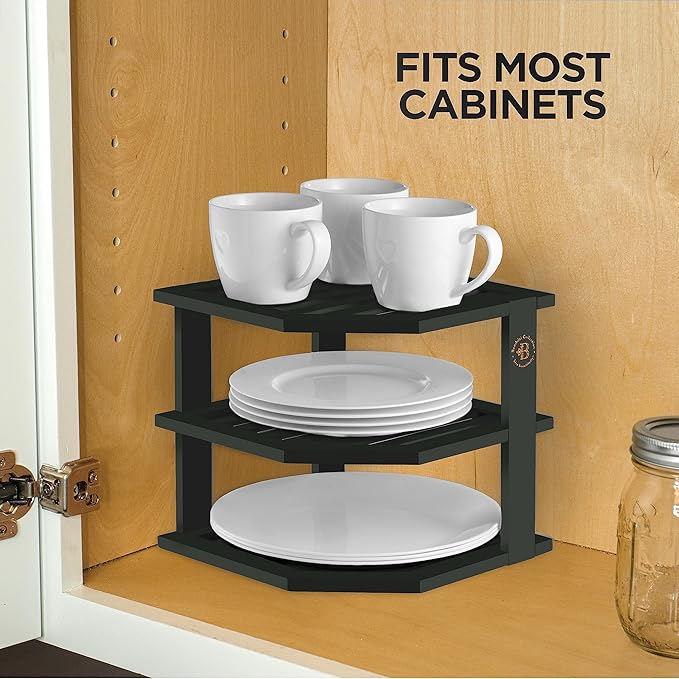 Cabinet Organizer Shelf - Bamboo Corner Rack for Kitchen Counter, Cabinet Space Saver for Plates, Dishes, Bowls, Bread Pantry, Bathroom Storage or Countertop Stand, Black