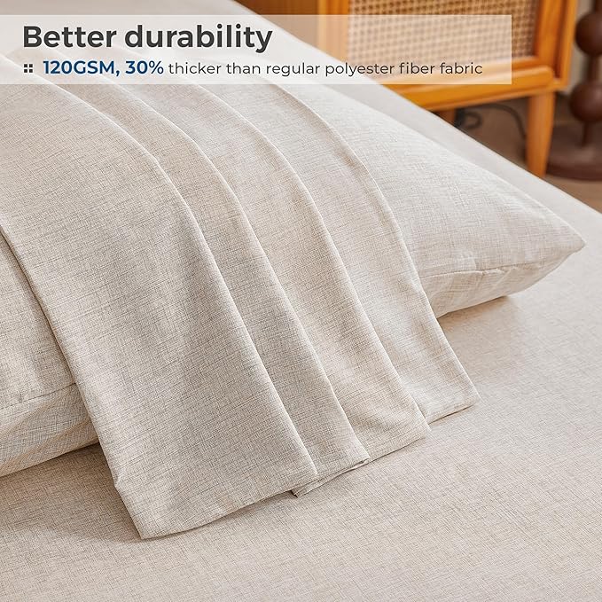 Full Sheets Brown, Ultral Soft Cationic Linen Look Sheets, Luxury Cooling Cozy Bed Sheet Set with Non-Slip Fitted Sheet