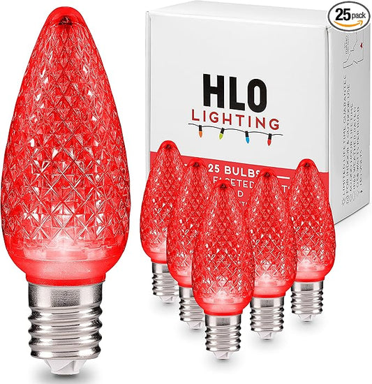HLO Lighting Set of 25 Red C9 Faceted LED Christmas Light Bulbs for Indoor & Outdoor Use | Durable Replacement Bulb