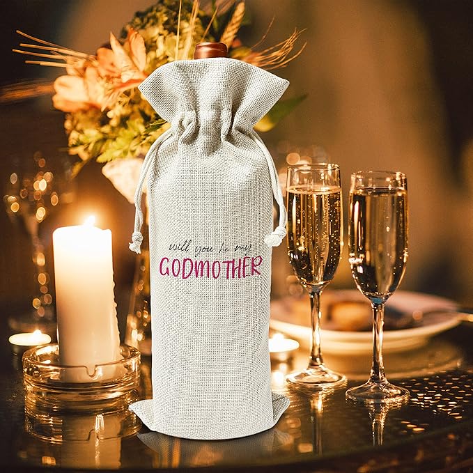 Godmother Wine Gift Bags - Gift for Godmother, Aunt, Godparent, Baptism - Reusable Burlap With Drawstring Gift Bag (5.5"x 13.5")-1 Pcs/jiu071