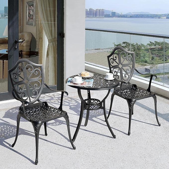 NUU GARDEN 3 Piece Outdoor Bistro Set All Weather Cast Aluminum Patio Set Bistro Table Set Rustproof Patio Table and Chairs with Umbrella Hole for Backyard, Balcony, Front Porch, Black