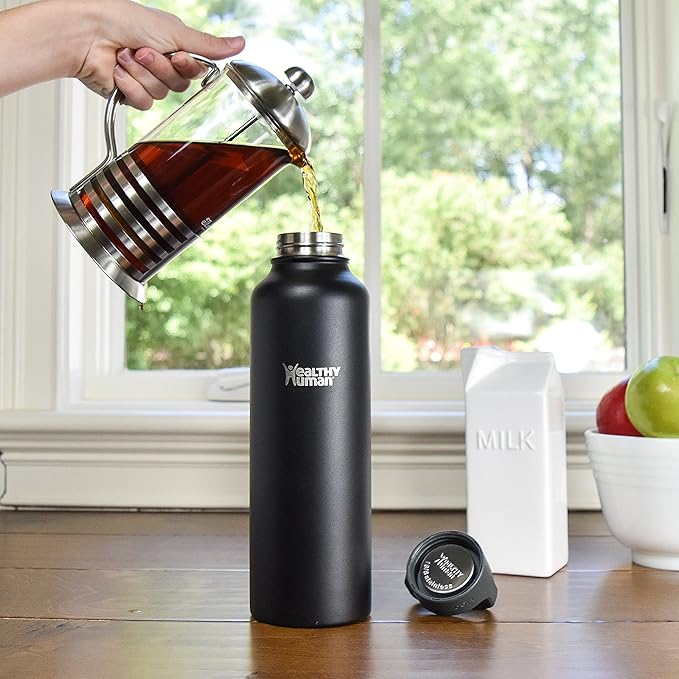 Healthy Human Stainless Steel Water Bottle | Double Walled Vacuum Insulated Water Thermos for Adults | Eco-Friendly Travel Bottles with Leak Proof Lid (Pure Black, 40 oz / 1183 ML)