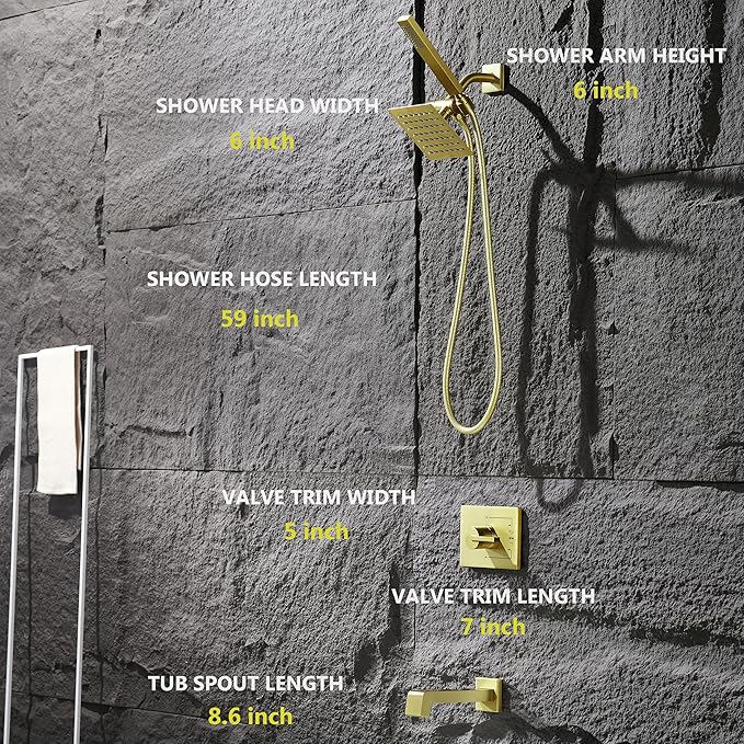 Brushed Gold Shower Fixture, Gold Shower Faucet Set Shower Heads with Handheld Spray Combo and Tub Spout, All Metal Shower Head Combo and 3-Way Diverter,Gold Shower Head and Handle Set