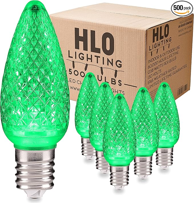 HLO Lighting Set of 500 Green C9 Faceted LED Christmas Light Bulbs for Indoor & Outdoor Use | Durable Replacement Bulbs