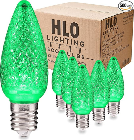 HLO Lighting Set of 500 Green C9 Faceted LED Christmas Light Bulbs for Indoor & Outdoor Use | Durable Replacement Bulbs