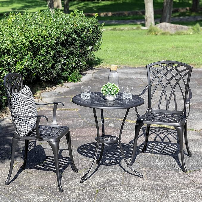 NUU GARDEN Bistro Set 3 Piece Outdoor All Weather Cast Aluminum Patio Bistro Set Patio Table and Chairs Set of 2 with Umbrella Hole for Backyard, Balcony, Front Porch, Lawn, Black