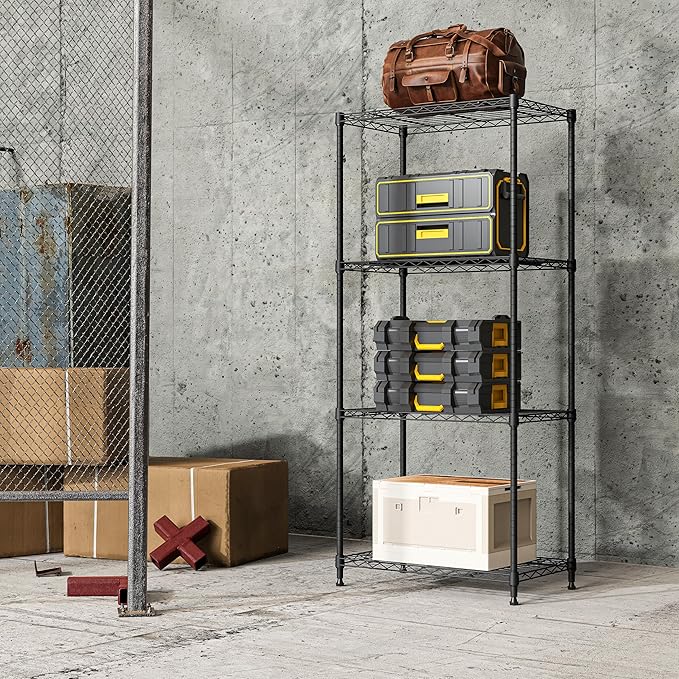 IZEUK 4-Tier Black Steel Storage Shelves, Heavy Duty Utility Wire Rack Organizer for Kitchen, Office, Home, 1000 lbs, 13.7" D x 23.6" W x 53.4" H